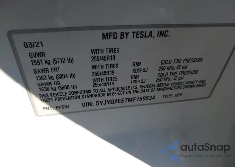 2021 Tesla Model Y Long Range Dual Motor All-Wheel Drive из США, поврежденный, VIN 5YJYGAEE7MF159534